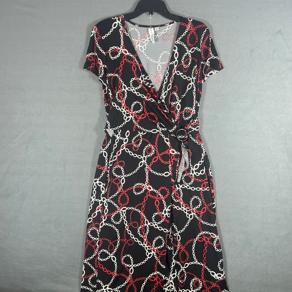 Emma & Michele Womens Romper Size M Black Red Chain Print Faux Wrap Short Sleeve